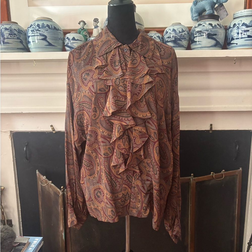 Ellen Tracy Paisley Ruffle Dress Shirt - Brown and Purple